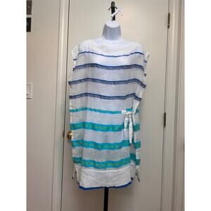 Lemlem Cotton Tunic Cover-Up White Blue Turquoise Stripes Sz Small Front Tie